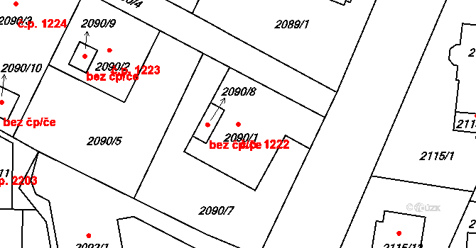 Benešov 1222 na parcele st. 2090/1 v KÚ Benešov u Prahy, Katastrální mapa