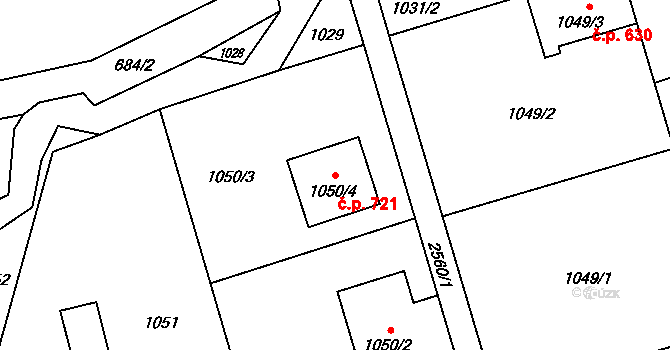 Hrabová 721, Ostrava na parcele st. 1050/4 v KÚ Hrabová, Katastrální mapa