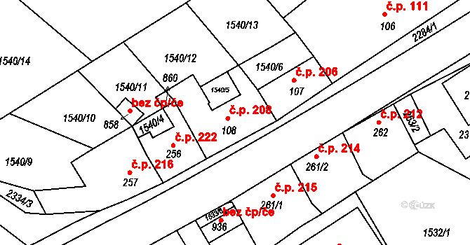 Křižanov 208 na parcele st. 108 v KÚ Křižanov, Katastrální mapa