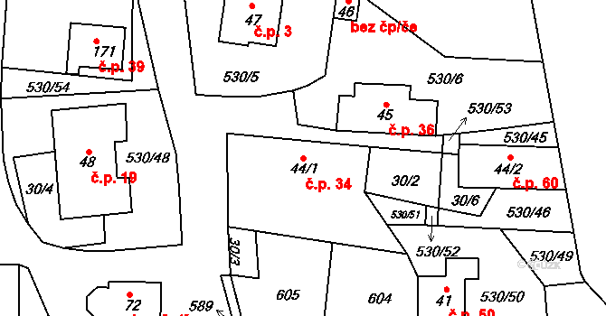 Vortová 34 na parcele st. 44/1 v KÚ Vortová, Katastrální mapa