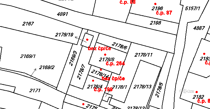 Choceňské Předměstí 264, Vysoké Mýto na parcele st. 2178/8 v KÚ Vysoké Mýto, Katastrální mapa