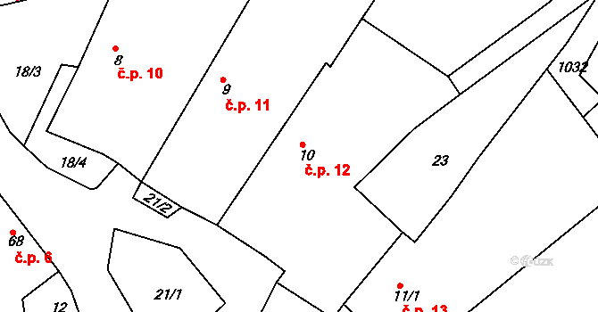 Skořice 12 na parcele st. 10 v KÚ Skořice, Katastrální mapa