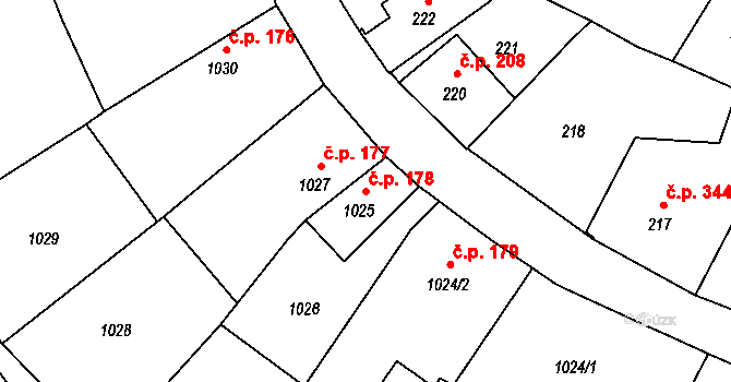 Mohelnice 178 na parcele st. 1025 v KÚ Mohelnice, Katastrální mapa