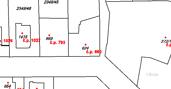Hrušovany nad Jevišovkou 660 na parcele st. 624 v KÚ Hrušovany nad Jevišovkou, Katastrální mapa