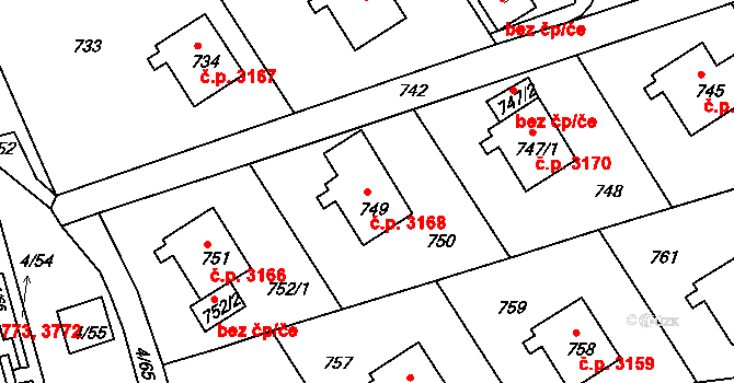 Mšeno nad Nisou 3168, Jablonec nad Nisou na parcele st. 749 v KÚ Mšeno nad Nisou, Katastrální mapa