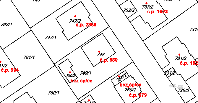 Roztoky 680 na parcele st. 748 v KÚ Roztoky u Prahy, Katastrální mapa