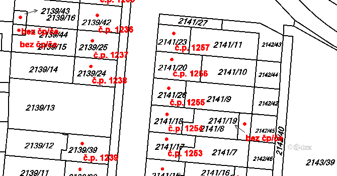 Hulín 1255 na parcele st. 2141/26 v KÚ Hulín, Katastrální mapa