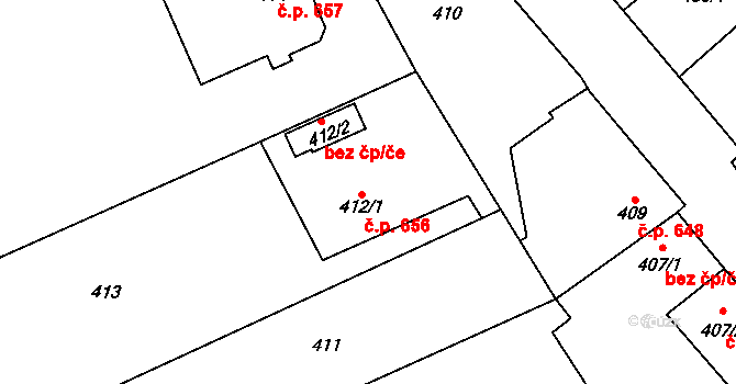 Bolelouc 656, Dub nad Moravou na parcele st. 412/1 v KÚ Dub nad Moravou, Katastrální mapa