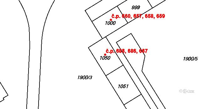Uničov 686,687,688 na parcele st. 1050 v KÚ Uničov, Katastrální mapa