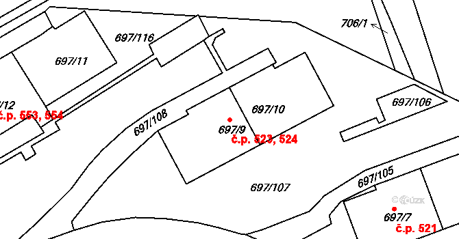 Mojžíř 523,524, Ústí nad Labem na parcele st. 697/9 v KÚ Mojžíř, Katastrální mapa