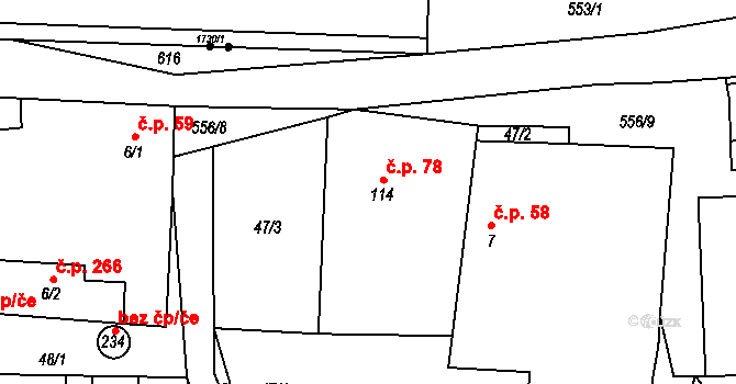 Městečko Trnávka 78 na parcele st. 114 v KÚ Městečko Trnávka, Katastrální mapa
