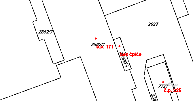 Jejkov 171, Třebíč na parcele st. 2562/1 v KÚ Třebíč, Katastrální mapa