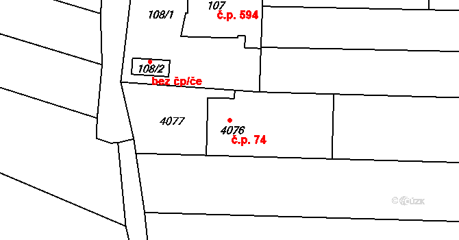 Tuřany 74, Brno na parcele st. 4076 v KÚ Tuřany, Katastrální mapa
