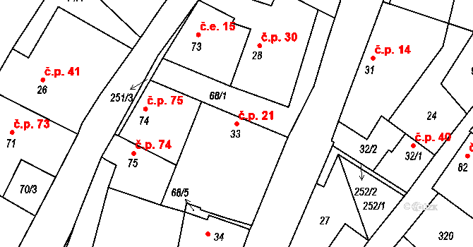 Žabonosy 21 na parcele st. 33 v KÚ Žabonosy, Katastrální mapa