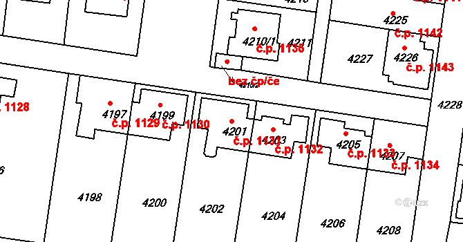 Záběhlice 1131, Praha na parcele st. 4201 v KÚ Záběhlice, Katastrální mapa