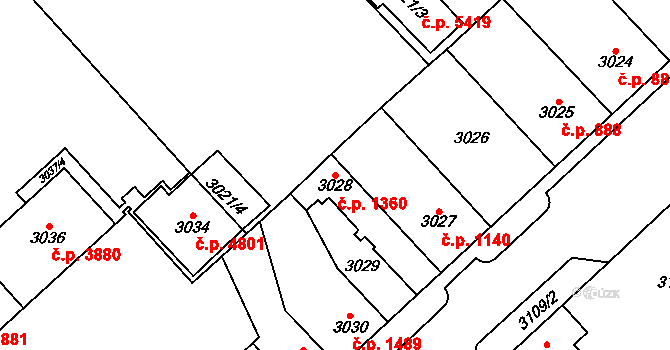 Chomutov 1360 na parcele st. 3028 v KÚ Chomutov I, Katastrální mapa