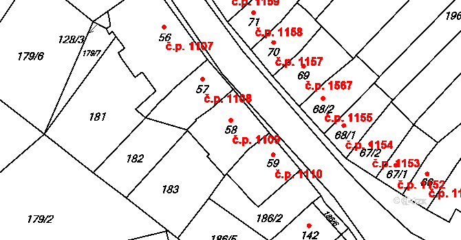 Ivančice 1109 na parcele st. 58 v KÚ Kounické Předměstí, Katastrální mapa