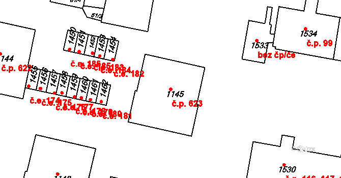 Rosice 623 na parcele st. 1145 v KÚ Rosice u Brna, Katastrální mapa