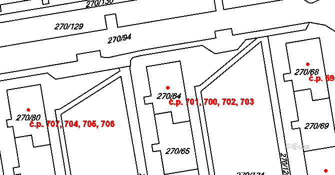 Skvrňany 700,701,702,703, Plzeň na parcele st. 270/64 v KÚ Skvrňany, Katastrální mapa