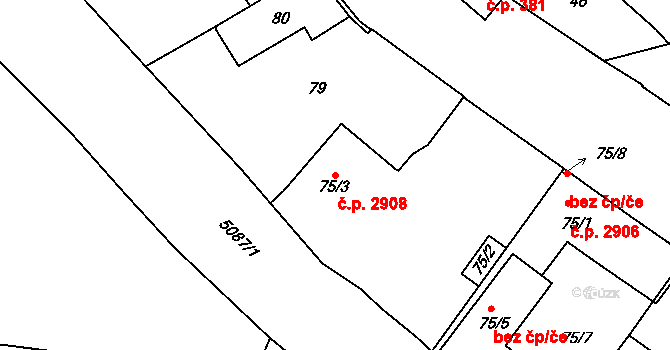 Louny 2908 na parcele st. 75/3 v KÚ Louny, Katastrální mapa