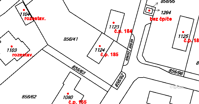 Brtnice 185, Velké Popovice na parcele st. 1124 v KÚ Velké Popovice, Katastrální mapa