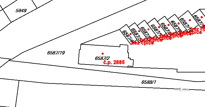 Jižní Předměstí 2885, Plzeň na parcele st. 6587/2 v KÚ Plzeň, Katastrální mapa