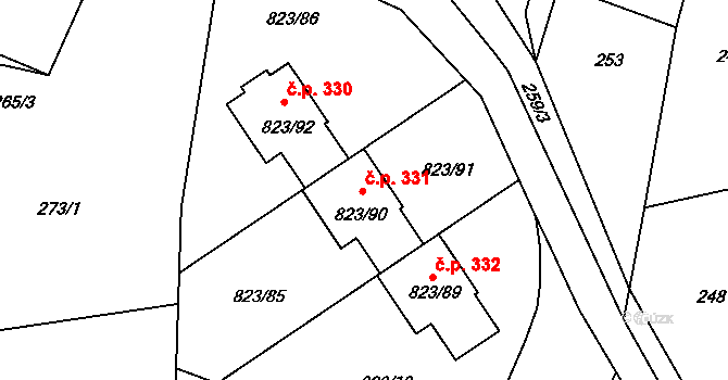 Lípa 331 na parcele st. 823/90 v KÚ Lípa nad Dřevnicí, Katastrální mapa