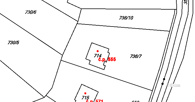 Prštné 555, Zlín na parcele st. 714 v KÚ Prštné, Katastrální mapa