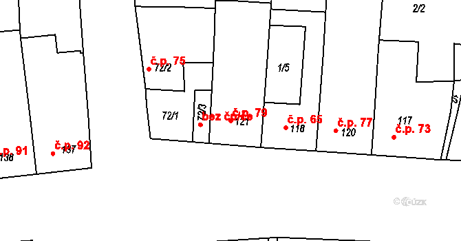 Topolany 79 na parcele st. 121 v KÚ Topolany u Vyškova, Katastrální mapa