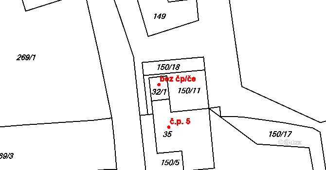 Kunžak 47538015 na parcele st. 32/1 v KÚ Kaproun, Katastrální mapa