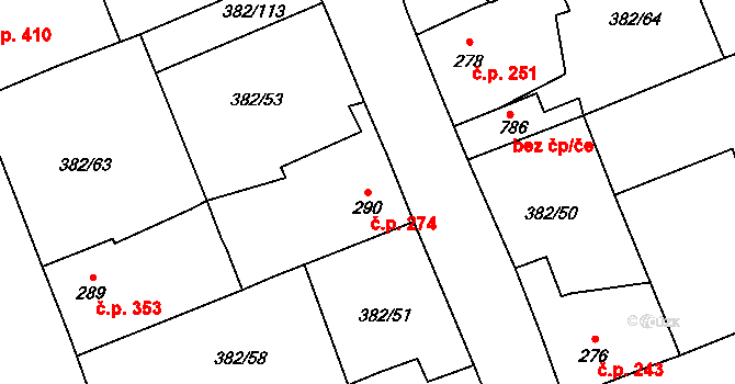 Rudná 274 na parcele st. 290 v KÚ Dušníky u Rudné, Katastrální mapa