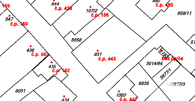 Březí 443 na parcele st. 931 v KÚ Březí u Mikulova, Katastrální mapa