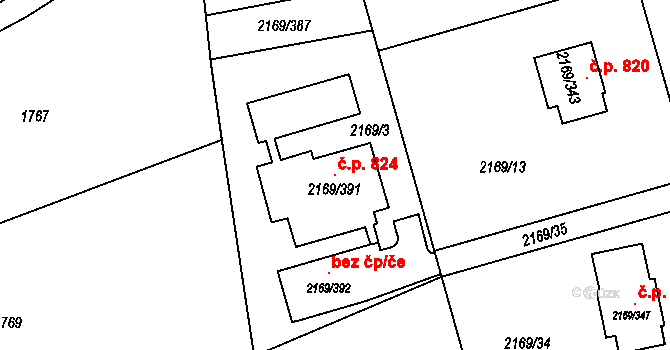 Velká Bystřice 824 na parcele st. 2169/391 v KÚ Velká Bystřice, Katastrální mapa