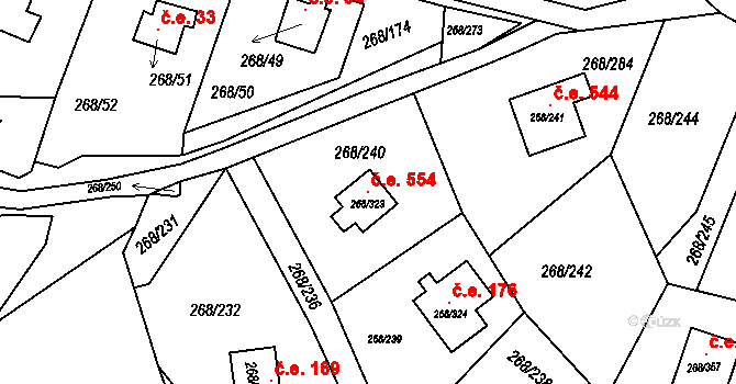 Tušimice 554, Kadaň na parcele st. 268/323 v KÚ Tušimice, Katastrální mapa