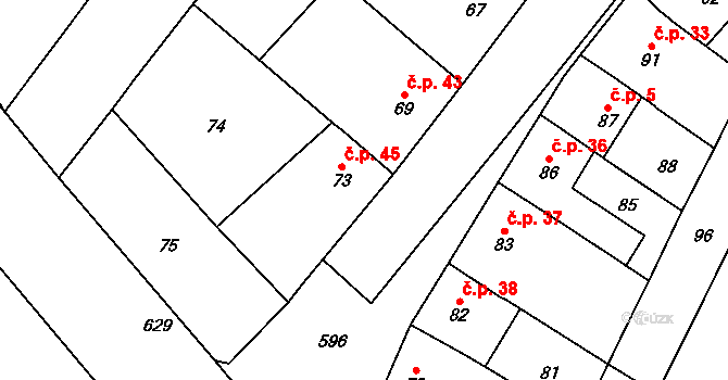Lutotín 45, Bílovice-Lutotín na parcele st. 73 v KÚ Lutotín, Katastrální mapa