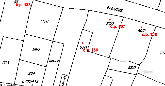 Hrádek 136 na parcele st. 57/1 v KÚ Hrádek u Znojma, Katastrální mapa