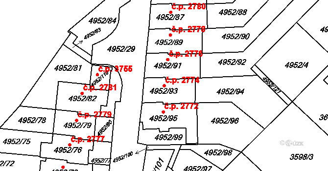 Znojmo 2774 na parcele st. 4952/93 v KÚ Znojmo-město, Katastrální mapa