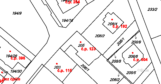 Srubec 123 na parcele st. 205 v KÚ Srubec, Katastrální mapa
