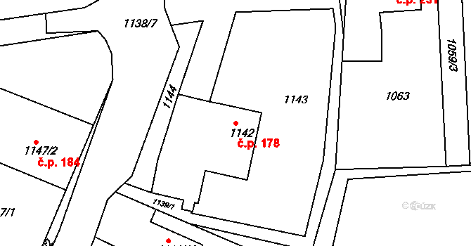 Lyžbice 178, Třinec na parcele st. 1142 v KÚ Lyžbice, Katastrální mapa