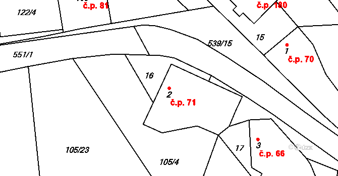 Tmaň 71 na parcele st. 2 v KÚ Tmaň, Katastrální mapa