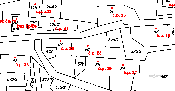 Kamenný Újezdec 25, Kamenný Přívoz na parcele st. 86 v KÚ Kamenný Přívoz, Katastrální mapa