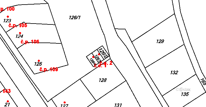 Velatice 3 na parcele st. 126/2 v KÚ Velatice, Katastrální mapa