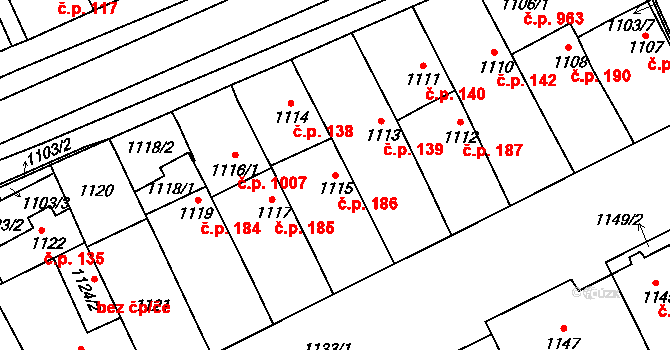 Lužice 186 na parcele st. 1115 v KÚ Lužice u Hodonína, Katastrální mapa