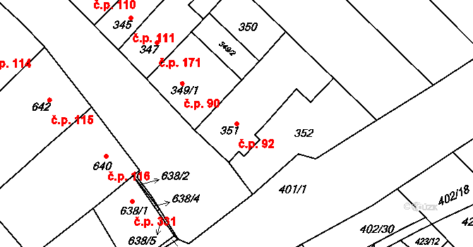 Zarazice 92, Veselí nad Moravou na parcele st. 351 v KÚ Zarazice, Katastrální mapa