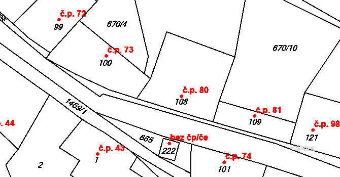 Hředle 80 na parcele st. 108 v KÚ Hředle u Zdic, Katastrální mapa