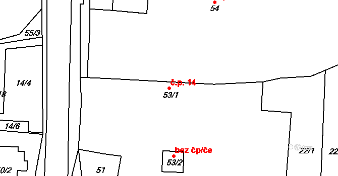 Milovice u Hořic 14 na parcele st. 53/1 v KÚ Milovice u Hořic, Katastrální mapa
