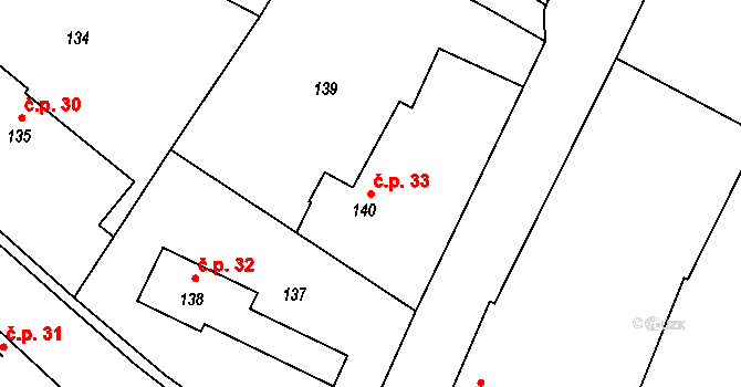 Slatiny 33 na parcele st. 140 v KÚ Slatiny, Katastrální mapa