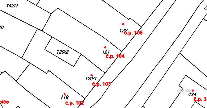 Smidary 104 na parcele st. 121 v KÚ Smidary, Katastrální mapa