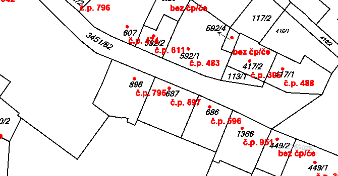 Lysá nad Labem 597 na parcele st. 687 v KÚ Lysá nad Labem, Katastrální mapa