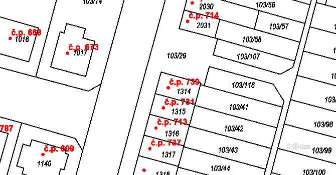 Podklášteří 739, Třebíč na parcele st. 1314 v KÚ Podklášteří, Katastrální mapa